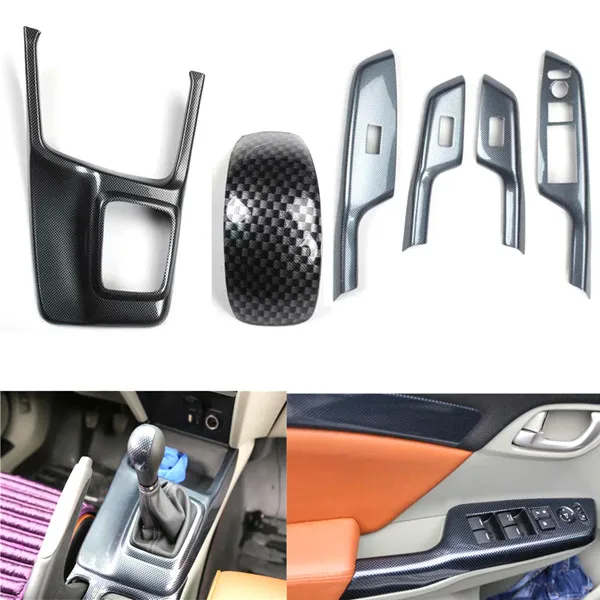 For MT 6 шт./компл. автомобильные аксессуары для Honda Civic 9th на мт 2012- LHD Автомобильный оконный подъемный переключатель+ Шестерни коробка переключения ручку крышки отделкой наклейки - Название цвета: For MT