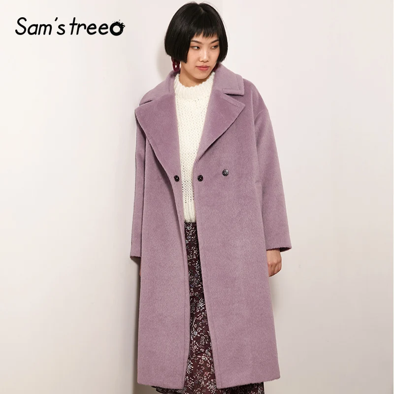 Samstree/фиолетовые однотонные женские шерстяные пальто в минималистическом стиле с широкой талией осень зима женская верхняя одежда на пуговицах