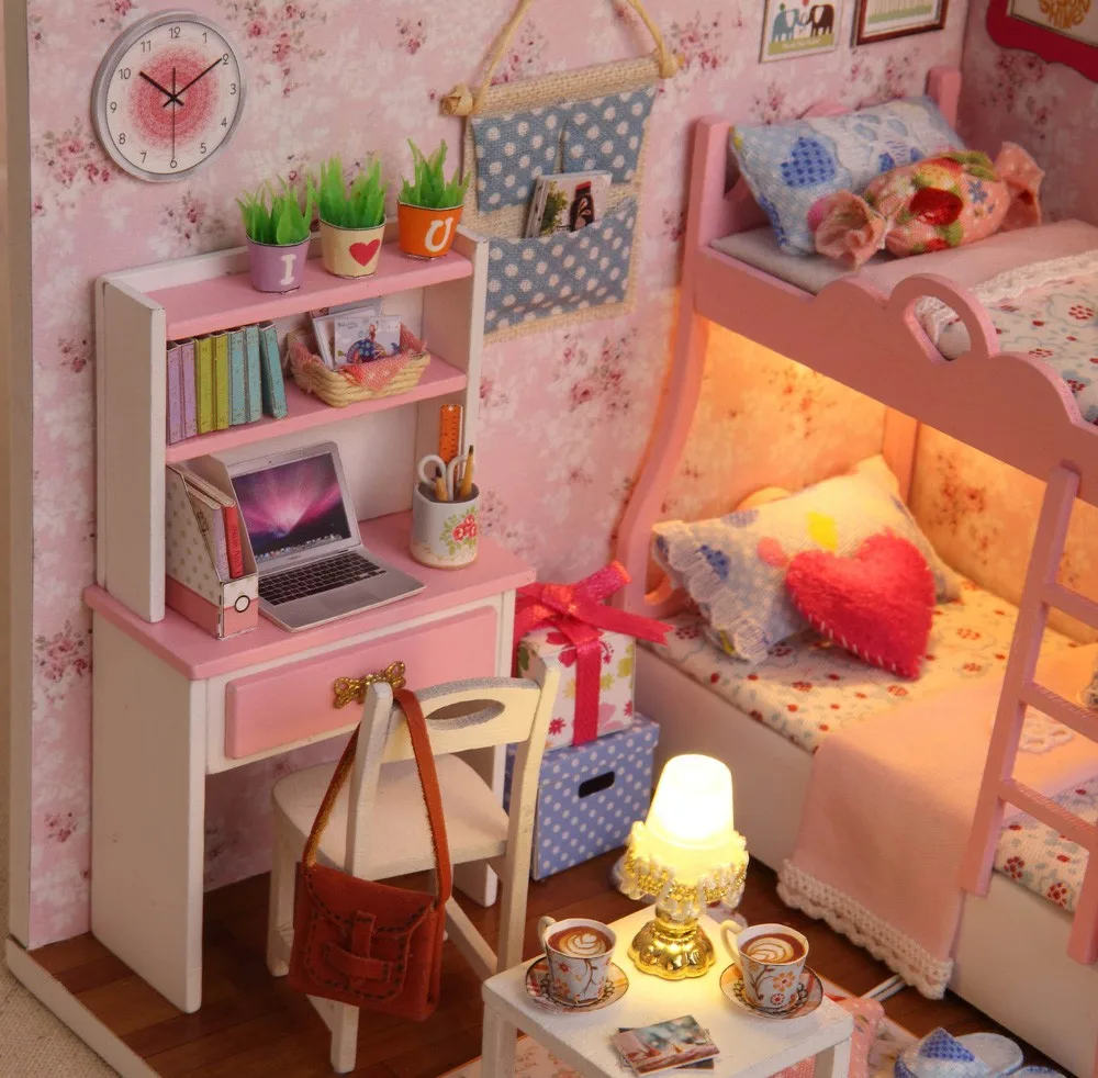 Kawaii, для девочек, сделай сам, Деревянный Кукольный дом, детский мигающий спальный набор, светодиодный светильник, игрушки, сборка, светодиодный, строительная модель, игрушки для рукоделия, подарки