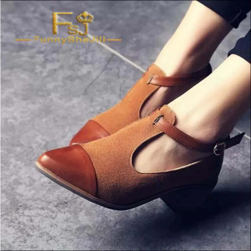 

Tan Vintage Shoes Chunky Heel T Strap Shoes with Ankle Strap Spring Autumn Attractive Incomparable Generous FSJ Elegant Sexy