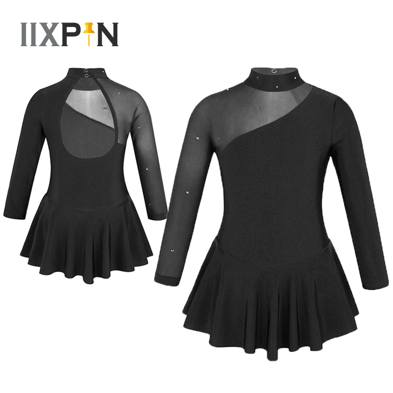

IIXPIN Girls Ballet Dance Dress Long Sleeves Mock Neck Tulle Splice Cutouts Back Figure Ice Skating Roller Skating Leotard Dress