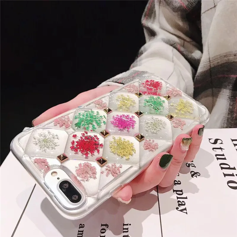Luxury Lattice Transparent 3D Rivets Cute Real Dried Flowers Soft Silicone Phone Case for iPhone X XR XS MAX 7 8 6 6S Plus Cover |