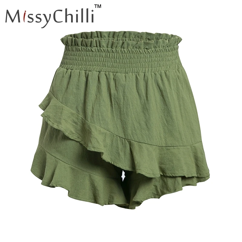 Женские свободные шорты MissyChilli зеленые повседневные уличные с оборками и высокой