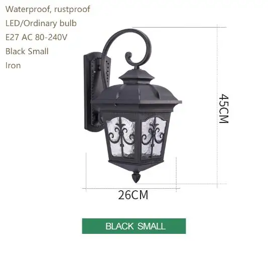 Black Small Винтажный Уличный настенный светильник из железного стекла, деревенский водонепроницаемый нержавеющий настенный светильник светодиодный E27 для балкона, патио, прохода, двора, сада, парка - Цвет абажура: Black Small