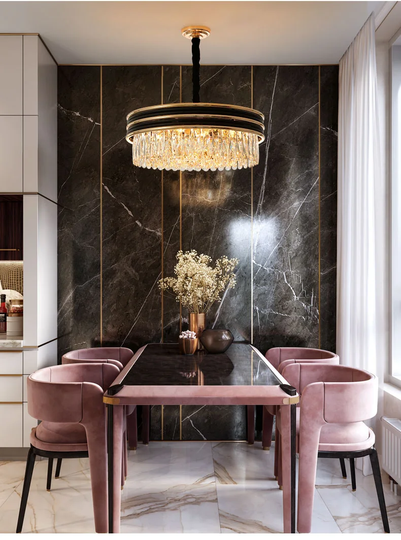 Living room crystal chandelier luxury modern round black plus gold American new LED restaurant bedroom lamps