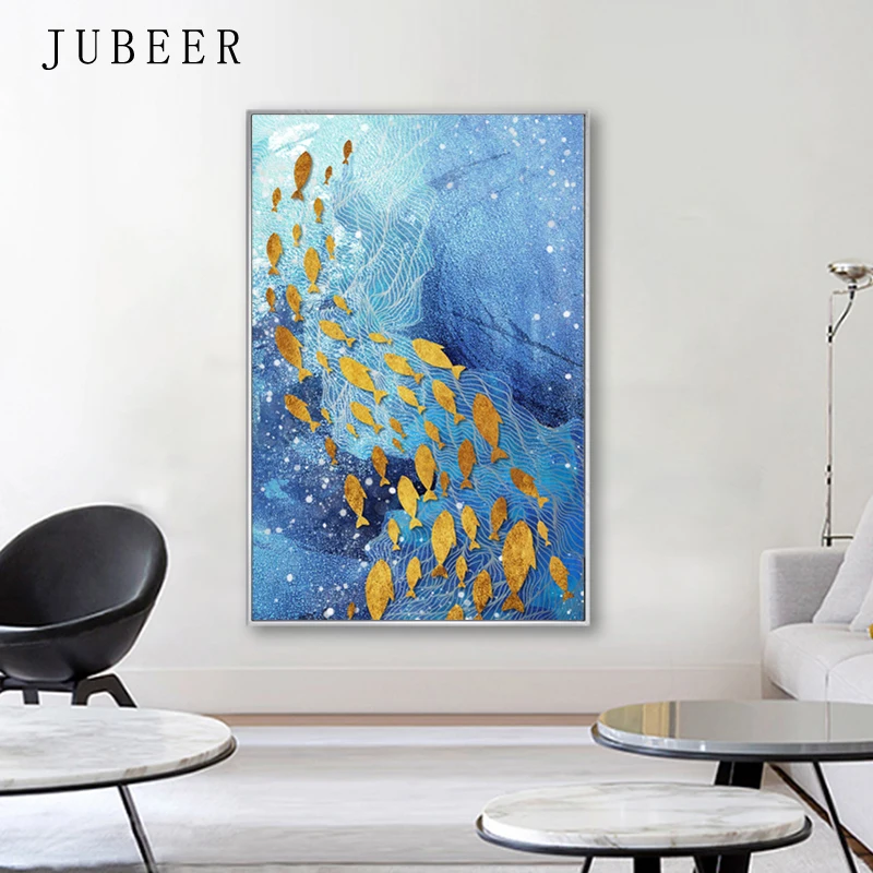 Синяя картина маслом в скандинавском стиле Золотая фольга морская рыба