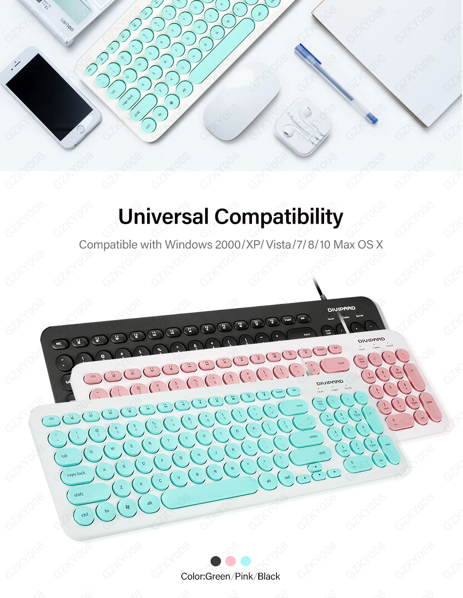 Ultra thin Keyboard Multimedia Wired USB 96 Keys Office Slim English Keyboard Black/Pink/Green