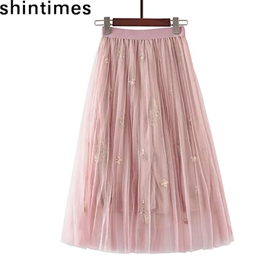 Pink Shintimes повседневные Летние Осенние тюлевые юбки женские Уайлд Высокая талия длинная розовая юбка с пайетками листья трапециевидная Однотонная юбка - Цвет: Pink