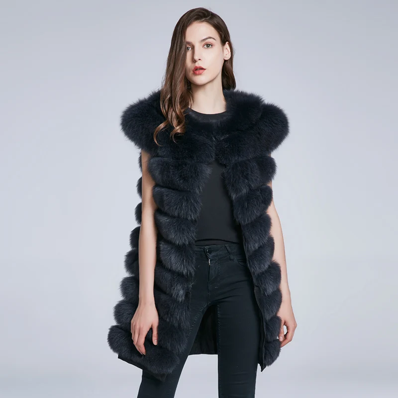 

Winter Women's Natural Fur Vest Fox Fur Coat Female Leather Vest Fox Leather Collar Stripes Inclined Hot Fashion New