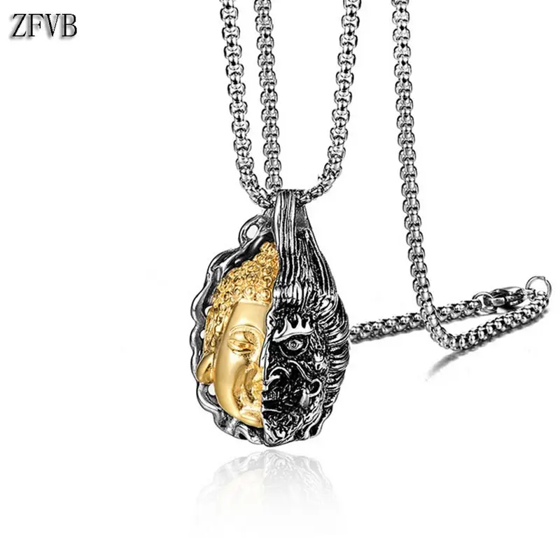 ZFVB Vintage Kind Evil Half Buddha Demon Face Necklace Hiphop Rock Design 316L Stainless Steel Punk Pendant Necklaces For Men | Украшения и