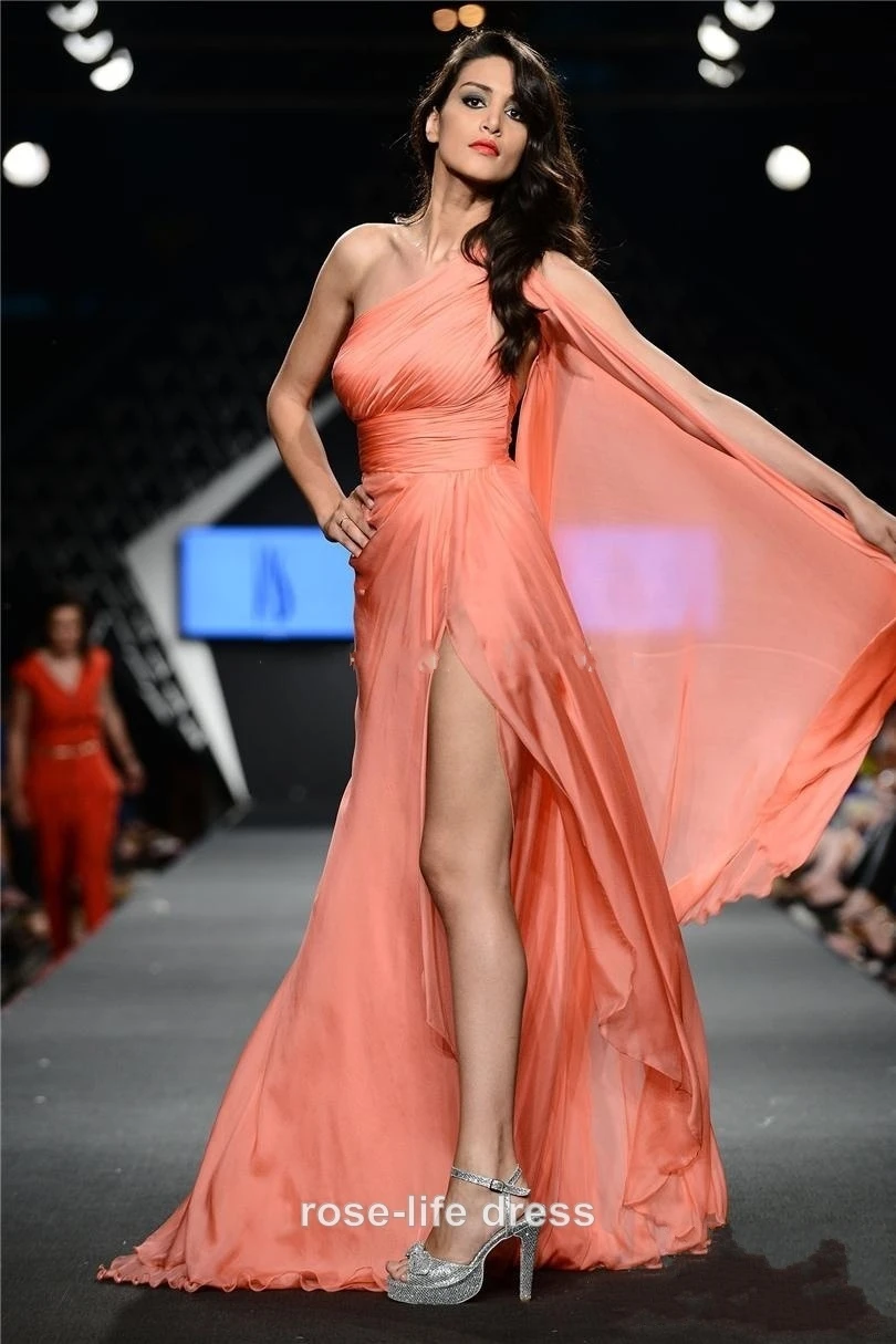 

Cheap Hot Sale 2017 A-Line Evening Gowns Prom Dress Pleats Side Split One Shoulder Sleeveless Long Chiffon Prom Gowns PP044