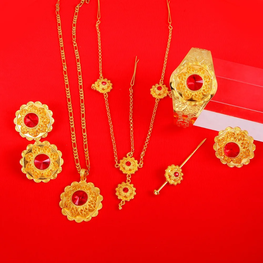 Комплект ювелирных изделий из Красного камня ювелирный набор 24 К золота с