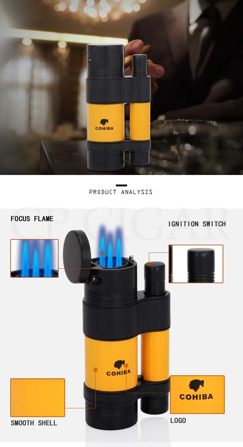 COHIBA 3 факел зажигалки ветрозащитный Карманный металлическая коробка для сигар легче, чем газ-бутан Роскошная Зажигалка для сигаретной сигареты встроенный сигары удар