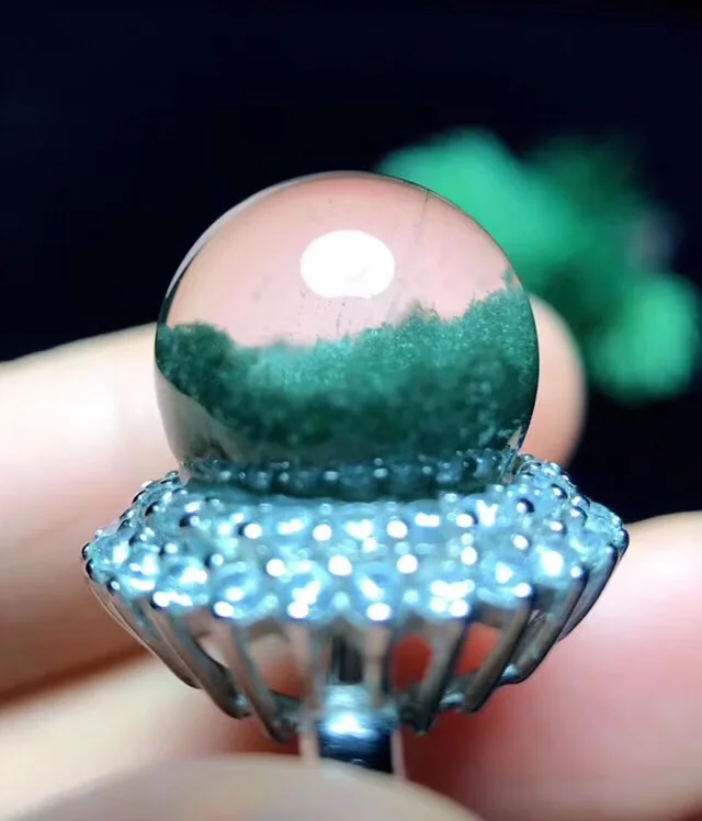 Регулируемое кольцо из серебра 925 пробы с природным зеленым фантомным кварцем 15