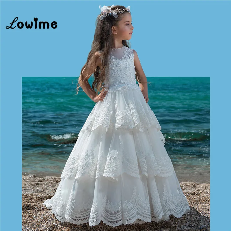 Белые пышные платья для девочек Vestido De Daminha 2018 многоярусная аппликация цветы тюль
