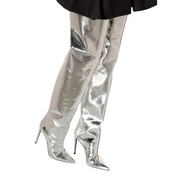 Fashion Women Thigh High Ankle Boots Matellic Mirror Leather Silver Pointed Toe Thin Heels Party Shoes |