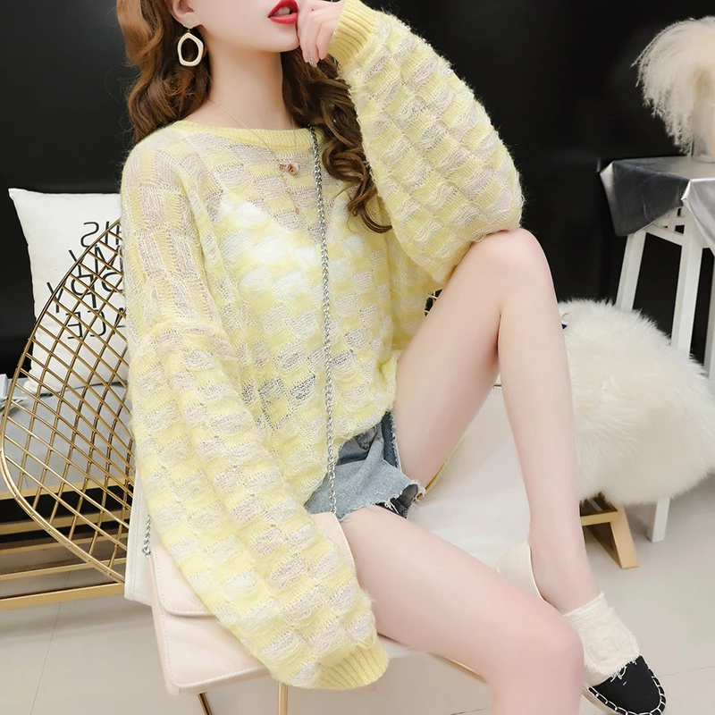 Hollow-out sweater lady New Spring Autumn 2019 Pullover Soft Loose clothes Mohair O-Neck Long sleeves lattice textures pattern | Женская