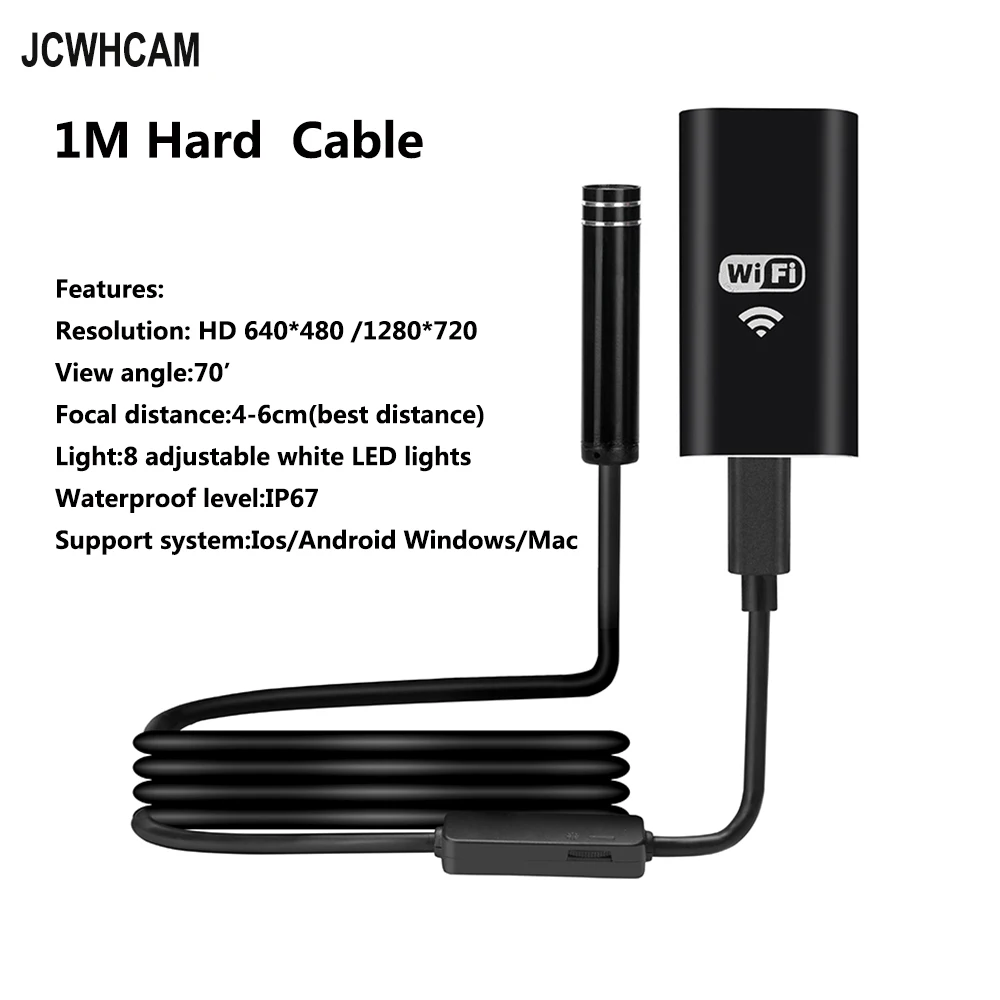 JCWHCAM 8 мм 1 м жесткий кабель Wifi Android эндоскоп камера для Iphone 720P видео осмотр змея