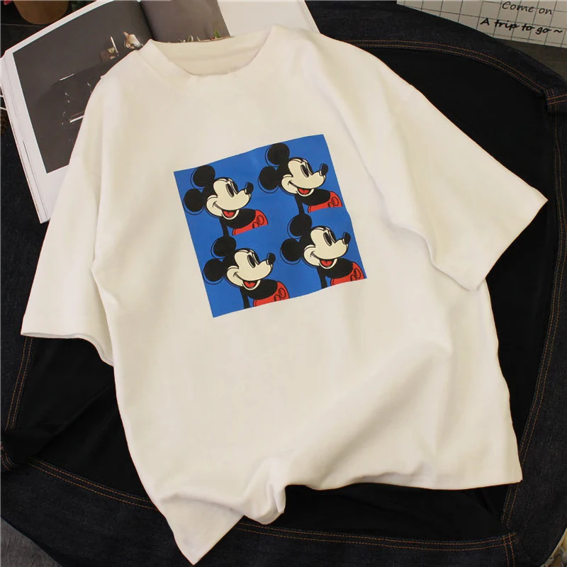 100% хлопок Микки Маус мультфильм печати Футболка Для женщин с круглым вырезом