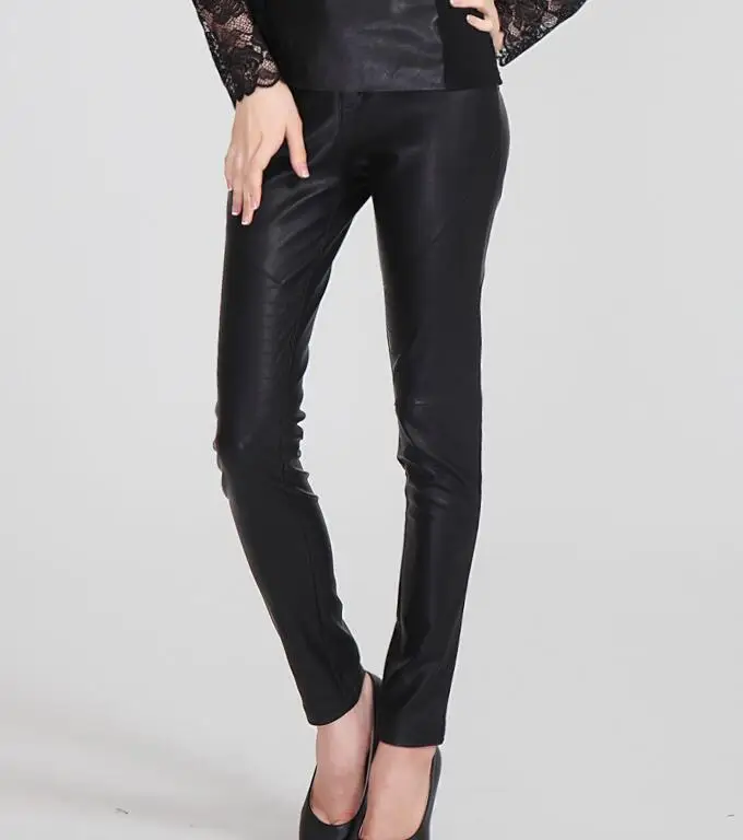 

26-35 Hot / Spring Women New Fashion Big Yards Cultivate One's Morality Show Tall Foot Waist PU Leather Trousers