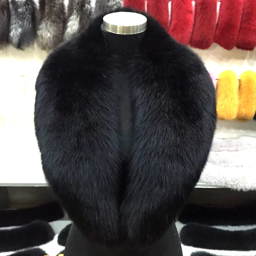 Воротник из натурального Лисьего меха унисекс черный пушистый зимний шарф 80 100 см