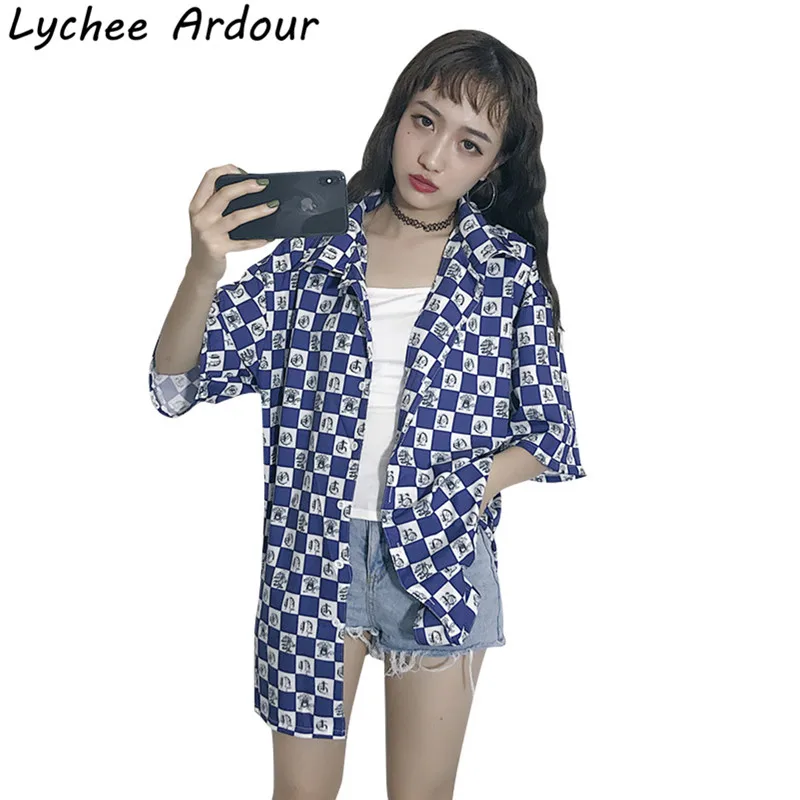 Lychee Ardour Plaid Cartoon Mouse Women Blouse Shirt Turn-Down Collar Half Sleeve Summer Female Casual Long |