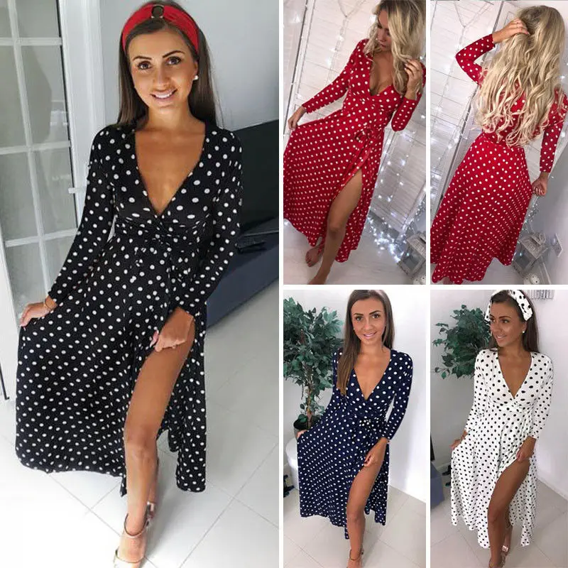 Женское длинное вечернее платье в горошек Boho летнее Пляжное Платье макси с