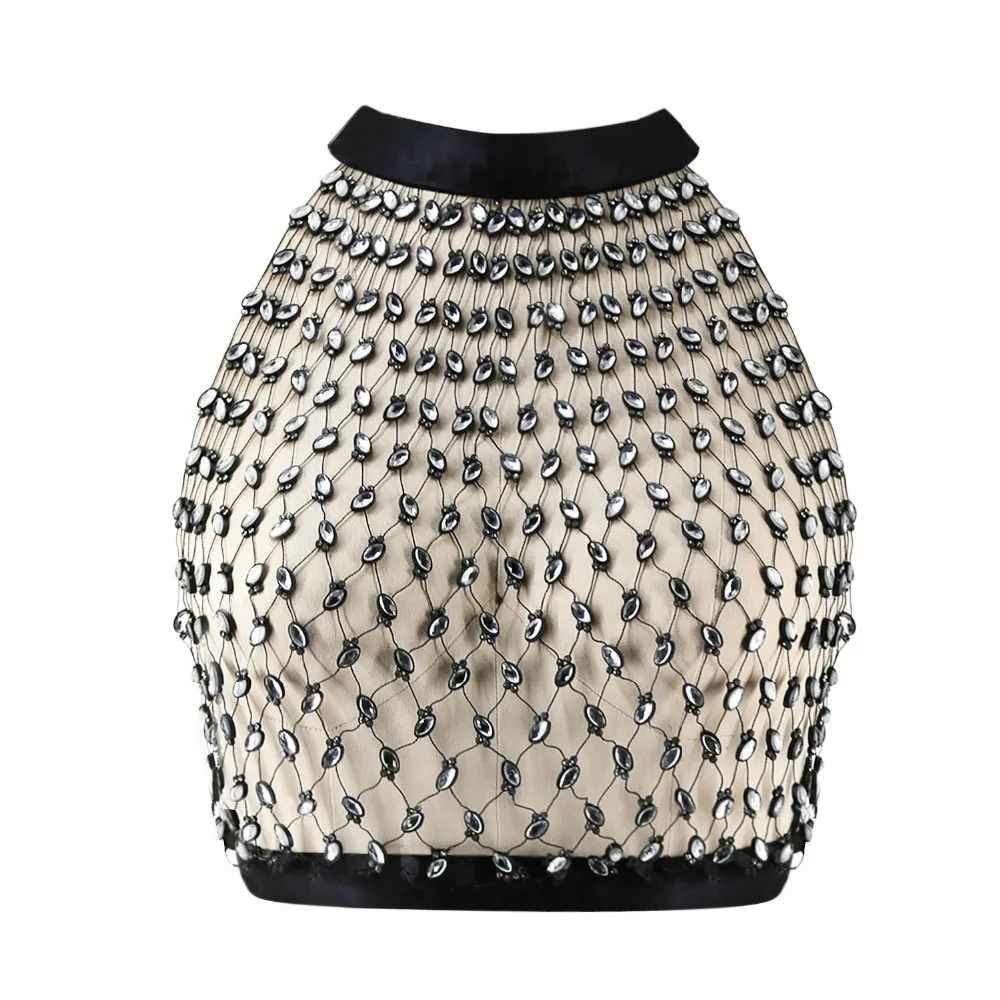 Женский топ с круглым вырезом белый блестящий сетчатый кристаллами и цирконами