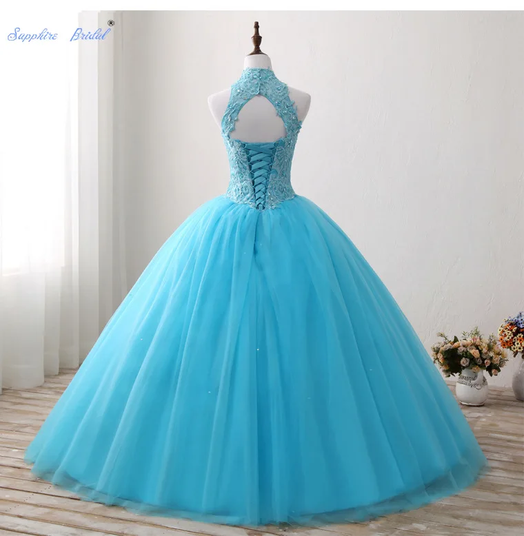 Sapphire Bridal Halter Turquoise Applique Lace Beading Ball Gown Sweet 16 Dress Cut-out Quinceanera Vestidos | Свадьбы и торжества