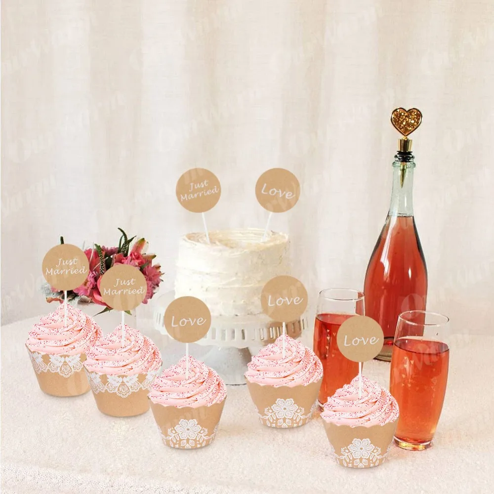 OurWarm 12Pcs Wedding Cupcake Wrapper Cake Topper Love Just Married Flag for Birthday Party Decorations | Дом и сад
