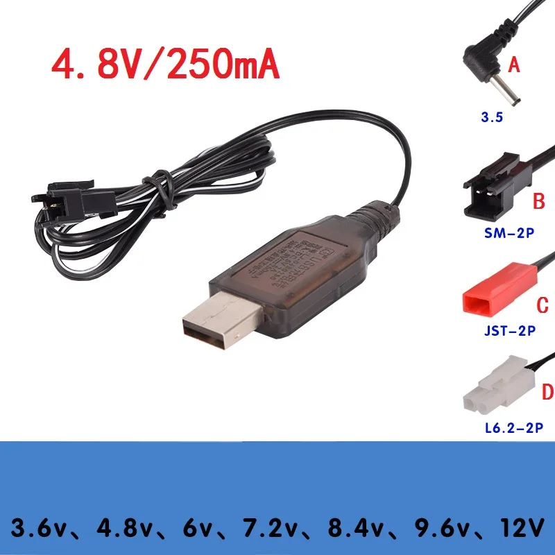 4.8V 250mA SM 2P JST L6.2 USB Charger Cable For RC Helicopter Quadcopter Toys Car Model Truck Spare Parts
