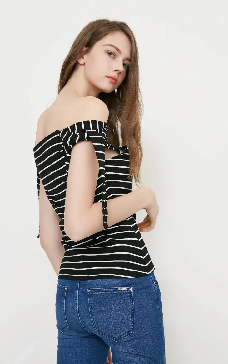 Vero Moda Женская Полосатая футболка с вырезом лодочкой и декоративными рукавами | 318201550