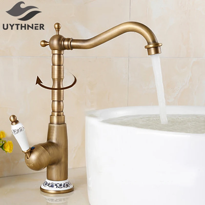 Uythner латунный кран для раковины в античном стиле + украшение шариком синий и белый