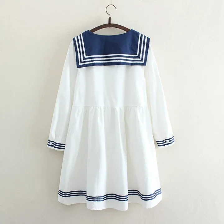 Japanese Girls Lovely Cat Embroidery Design Dresses Casual Youth Women Sailor Collar With Tie Cotton Dress Drop Shipping | Женская