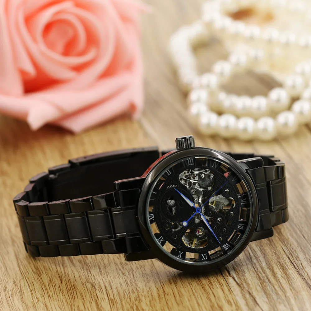 

SANWOOD spor saat Men's Watch Mechanical Watch Black Steel Hollow Skeleton Dial Wristwatches erkek saatleri