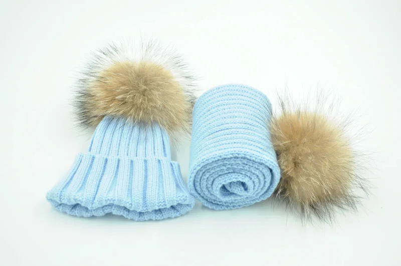 Blue natural fur Зимний Детский комплект из шапки и шарфа, теплая плотная эластичная вязаная шапочка для мальчиков и девочек, меховая шапка с помпоном и шарфом, комплект для детей - Цвет: Blue natural fur