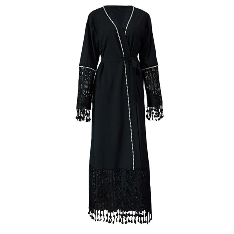 

Plus Size Maxi Kimonos Mujer 2020 Muslim Abaya Women Long Beading Lace Patchwork Cardigan Dubai Turkish Islamic Prayer Clothing