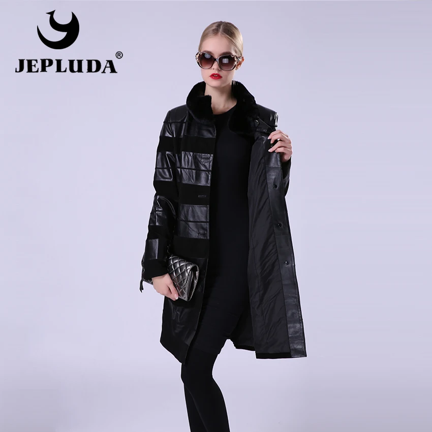JEPLUD кожаная куртка Пальто Стоика Воротник с Рекс Кролика Съемный Женский Кожиный