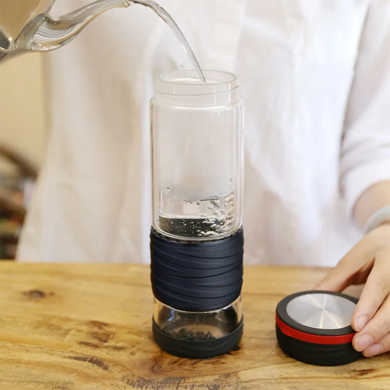 Дорожная стеклянная кружка для воды 400 мл двухслойный чайник разделения чая