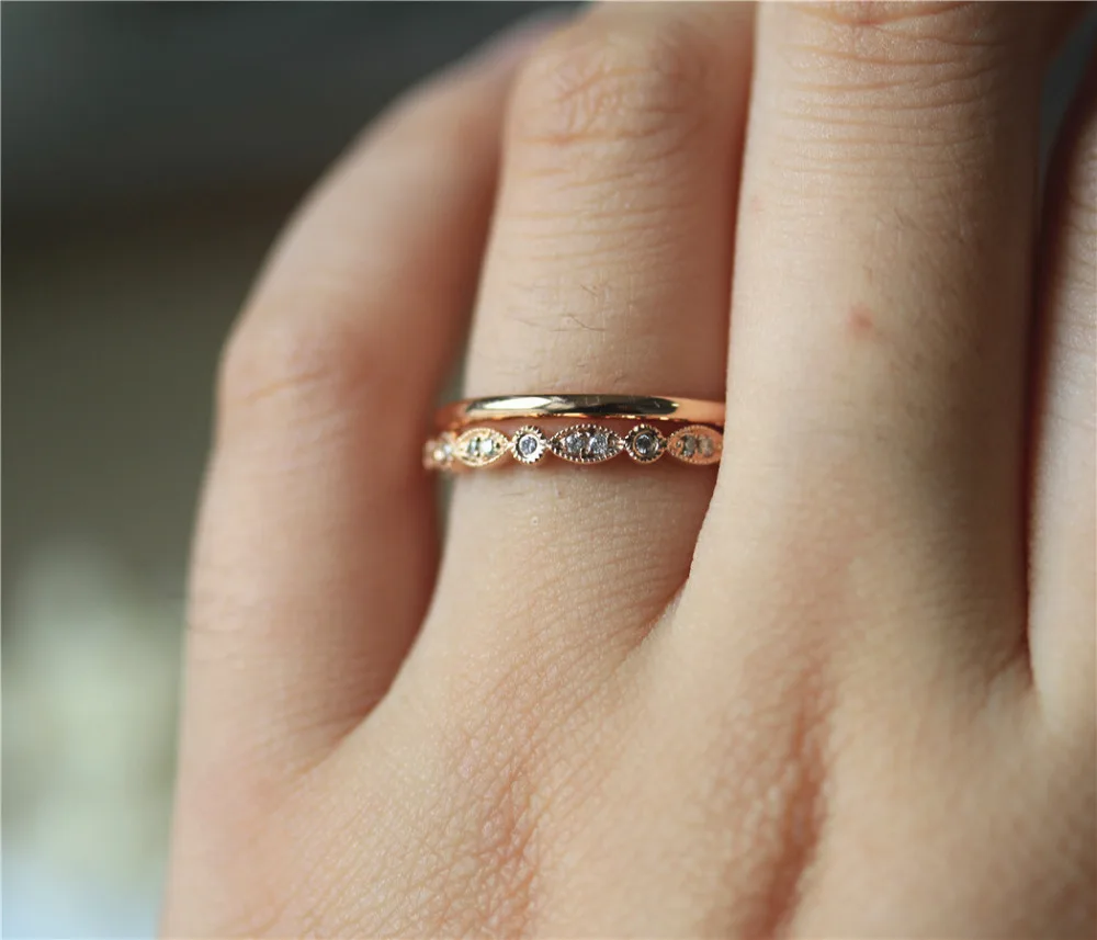 

DUPUY 14K Rose Gold Wedding Ring Set Art Deco Half Eternity Diamonds Wedding Band Solid Gold Plain Match Band 2PCS Bridal Sets