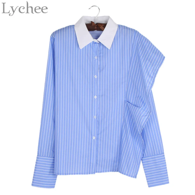 Lychee Сезон весна-осень Женская блузка с оборками в полоску стиле пэчворк С