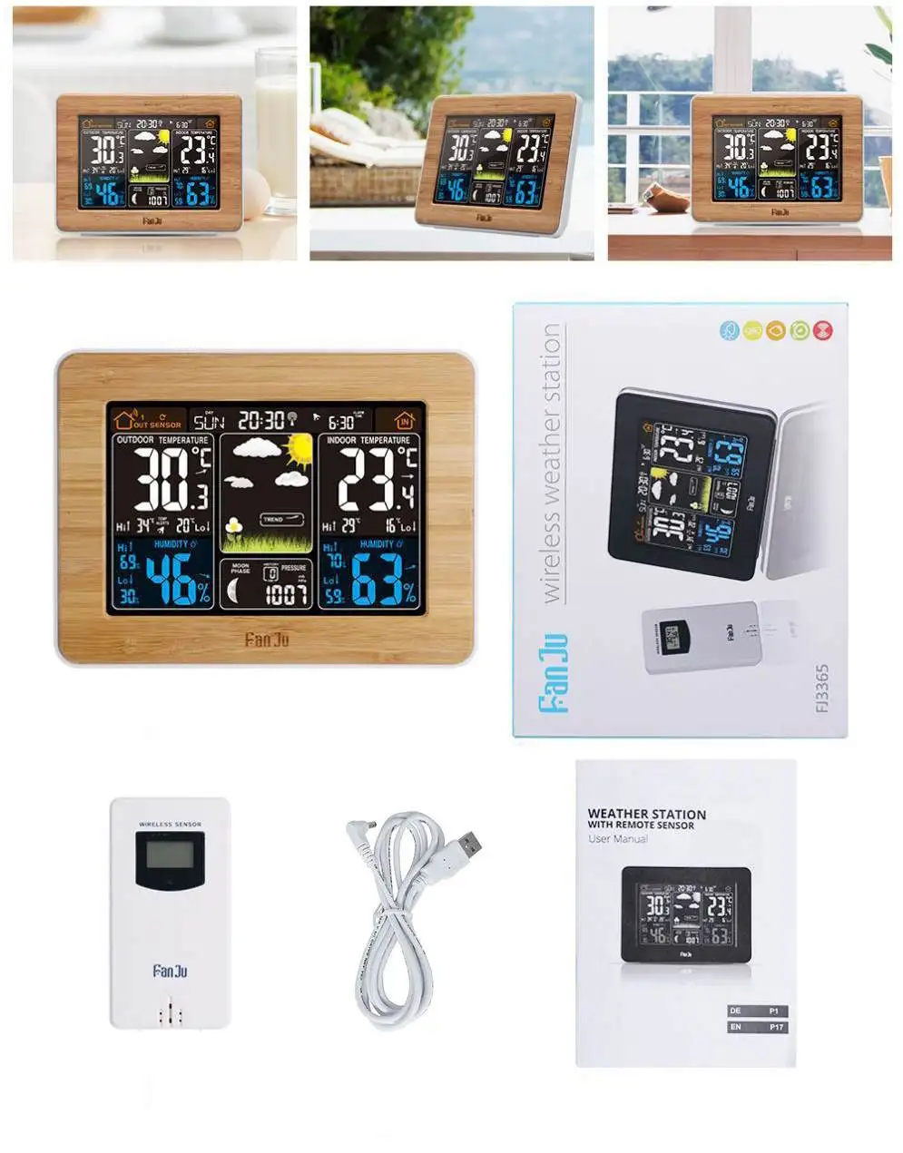 FanJu FJ3365 EU/US Plug Метеостанция Многофункциональные цифровые часы температура влажность Луна фаза настольный ЖК-будильник