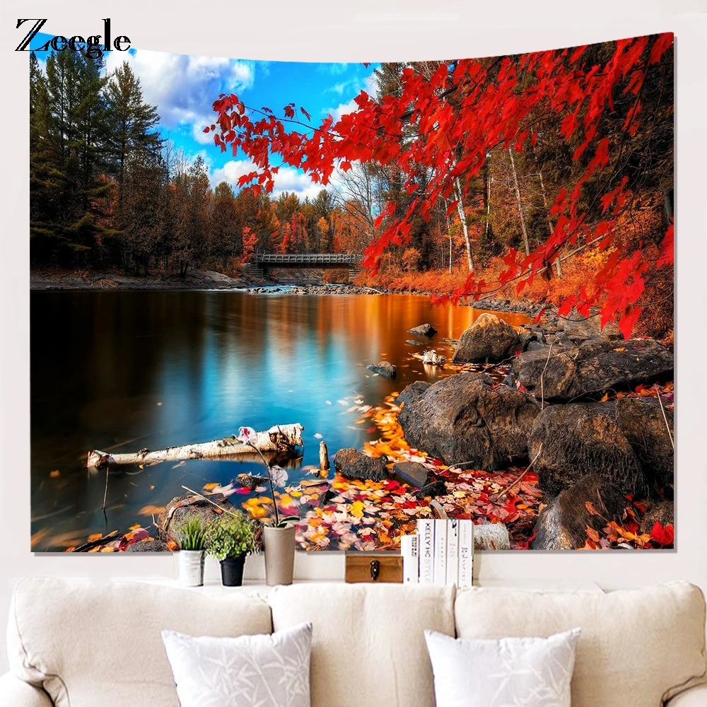Zeegle Seasons гобелен в лесном стиле красные кленовые листья озеро декоративные