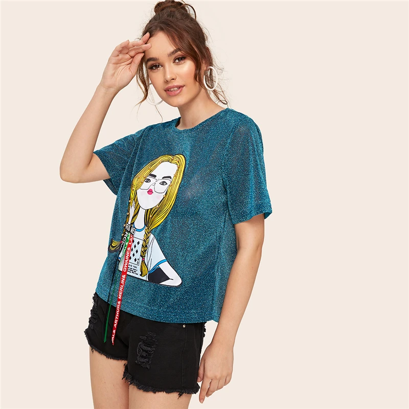 Dotfashion, бирюзовая футболка с рисунком, блестящая женская футболка, лето, Повседневная Уличная одежда, модные топы, футболка с коротким рукавом