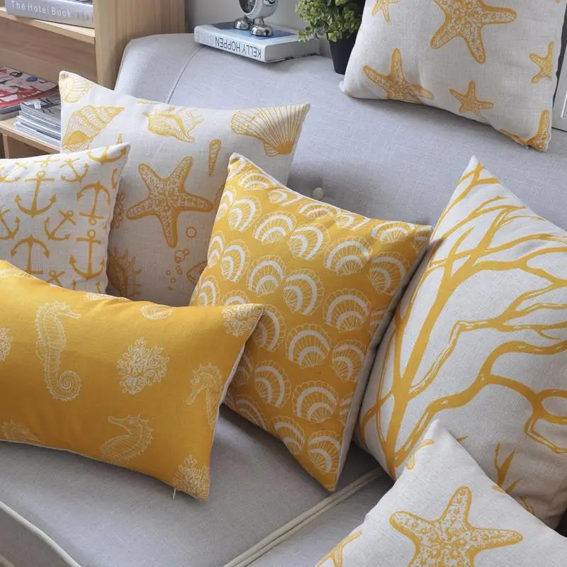 Средиземноморские подушки желтые с морскими водорослями льняная наволочка