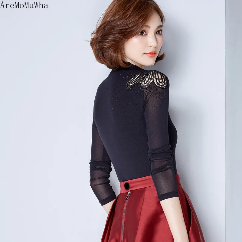 Новинка 2019 сетчатая нижняя рубашка AreMoMuWha женский тонкий кружевной топ с длинными