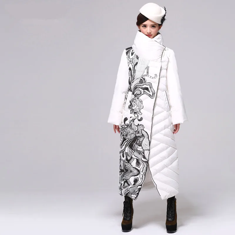 Пуховик женский белый длинный до колена C2497 | Женская одежда