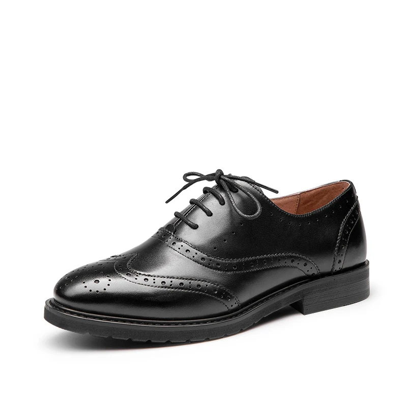 Black BeauToday Oxfords Women Calfskin Genuine Leather Wingtip Lace-Up Closure Ladies Brogue Flat Shoes Handmade A21069 - Цвет: Black