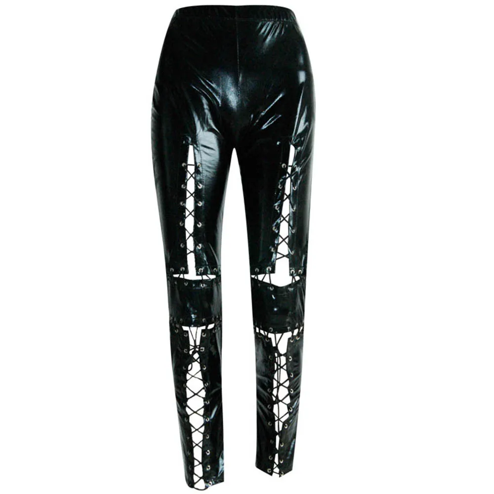 Plus Size Black Sexy Wetlook Leather Leggings Bandage Exotic Women Faux Leather Legging Skinny Lace Up Pantalon Gothic Pants