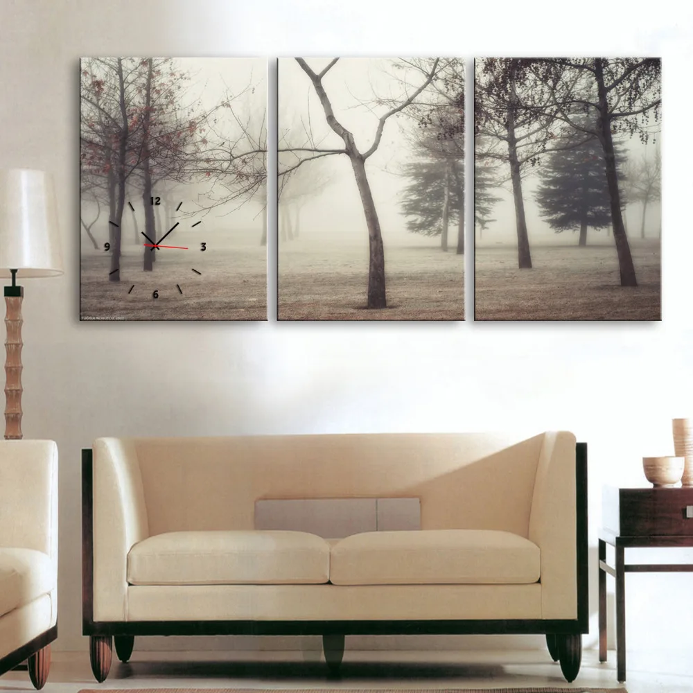 Бесплатная доставка настенные часы из 3 частей с изображением леса в виде холста